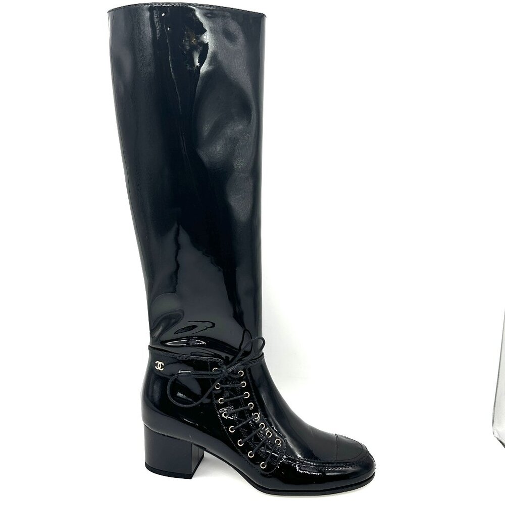 CHANEL 15A Patent Calf Leather Knee High Tall Lace Up Boots Shoes - Picture 9 of 16